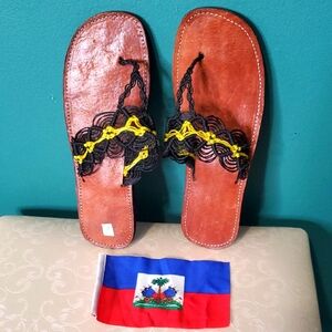 Handcrafted Brown Sandals with Black and Yellow Accents Hand Made In Haiti